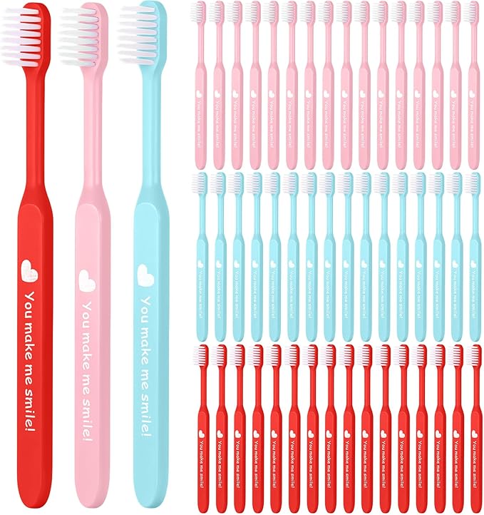 48 Pcs Toothbrushes, Individually Wrapped Toothbrush for Giveaways, Festive Red, Blue and Pink Design