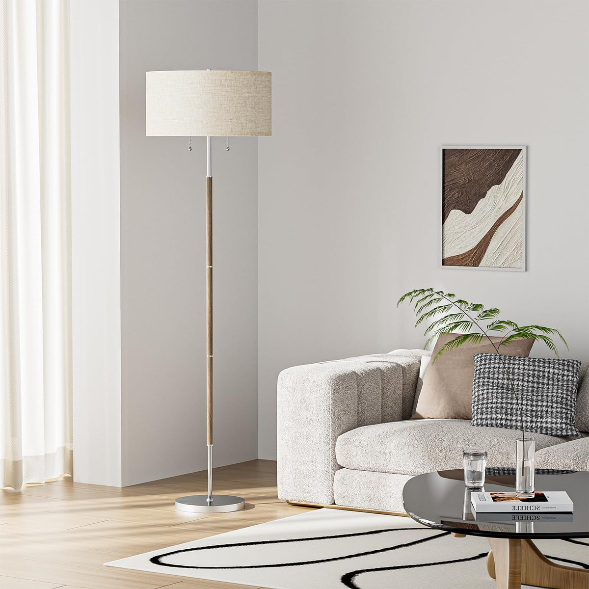 2-Light Floor Lamp, Mid Century Floor Lamp with Beige Lampshade, Standing Lamp Tall Lamp for Living Room Bedroom, 3 Color Temperatures 9W Bulb Include