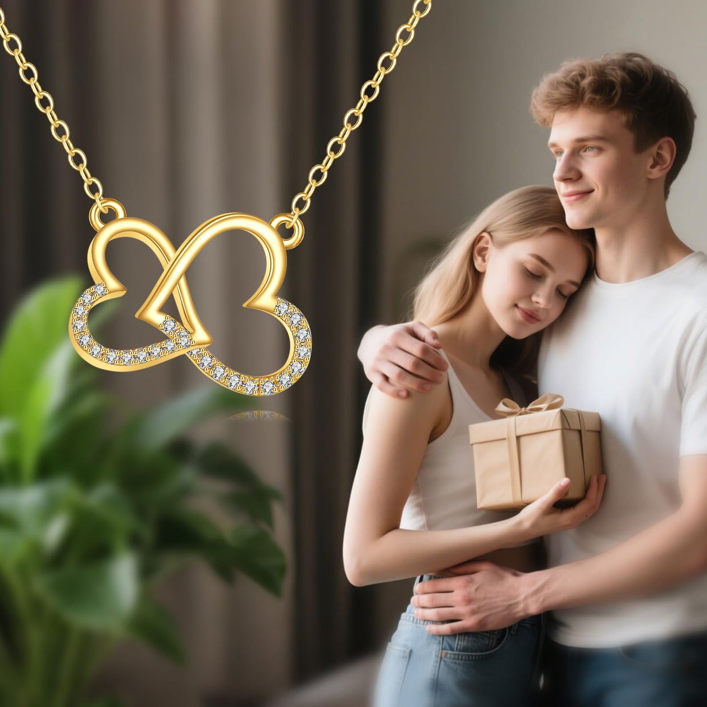 DOVRAN 10K Solid Gold Double Heart Necklace Heart Pendant Jewelry Gifts for Men Women