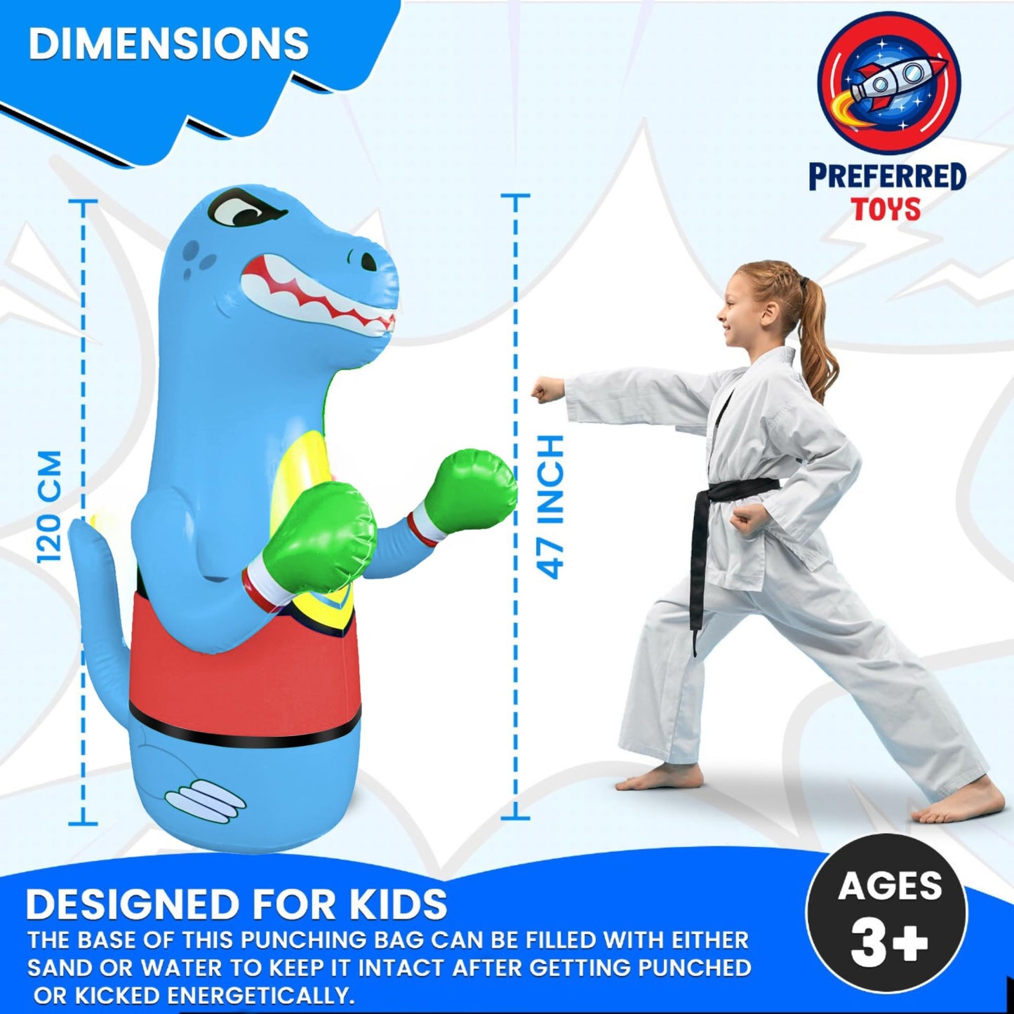 Inflatable Punching Bag for Kids - Bop Bag Inflatable Punching Toy - Inflatable Dinosaur with Instant Bounce Back Movement - Bottom Space Can Use Either Sand or Water (47” Height)