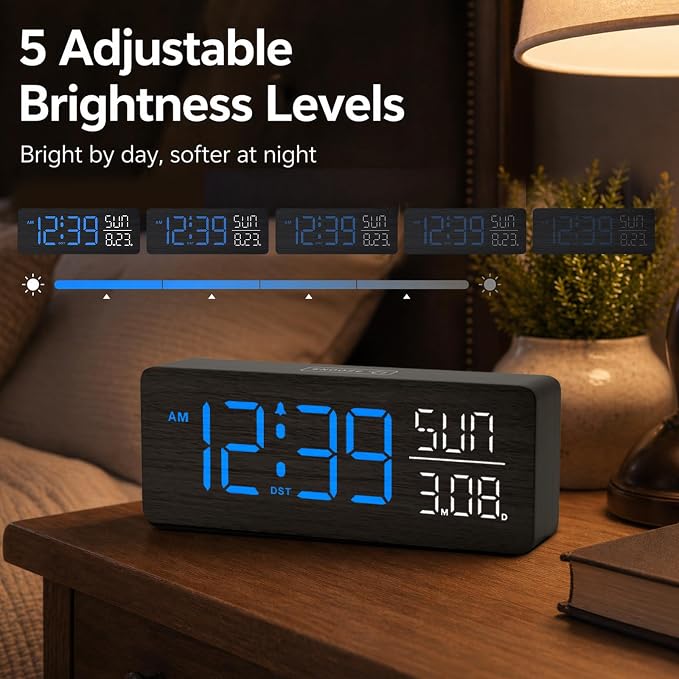 Peakeep Wooden Digital Alarm Clock Large Display, Textured Decoration