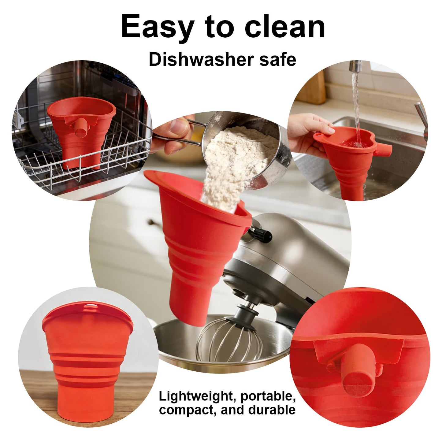 Foldable Flour Funnel, Silicone Pouring Chute Baking Funnel Attachment with Scoop Cleaning Brush Hanging Hooks Kitchen Stand Mixer Accessories for Flour Sugar Liquids, Dishwasher Safe