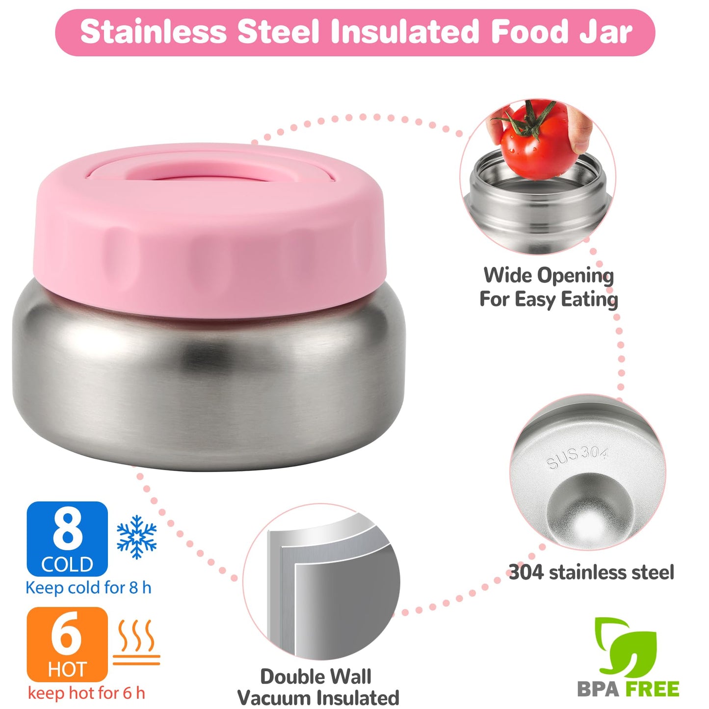 Bento Lunch Box with 9.5 oz Soup Thermo, Kids Leakproof 4 Compartments Bento Box with Silicone Cupcake,Fruit Fork,Spoon and Sauce Cup,Insulated Food Jar for School Travel-Pink
