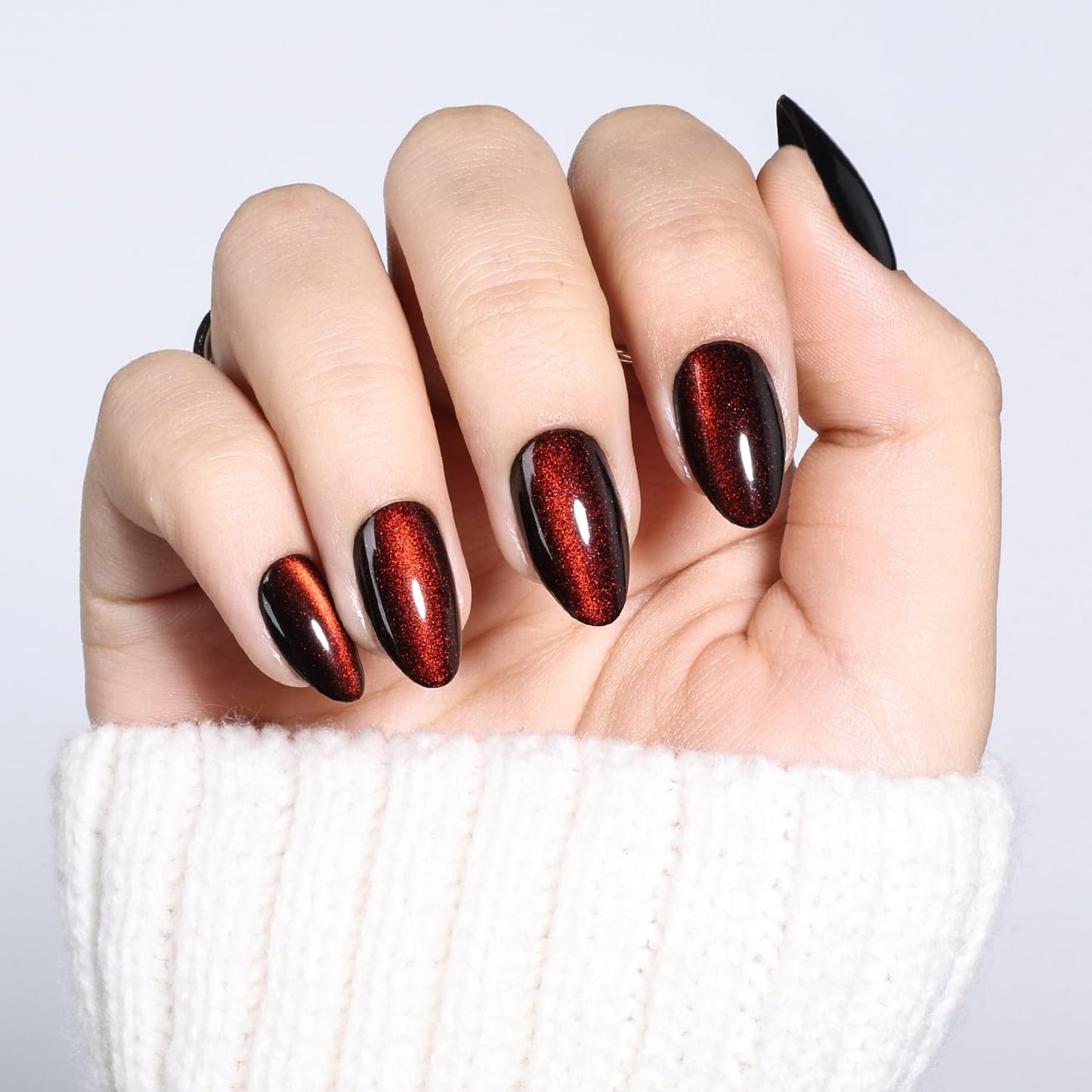 Leefrei Red Cat Eye Press on Nails - Short Almond Burgundy Cat Eye Nails, Soft Gel Fake Reusable Red Nails Press ons for Women, 32 pcs in 16 Sizes False Nails Kit with Glue, Cherry Mirage