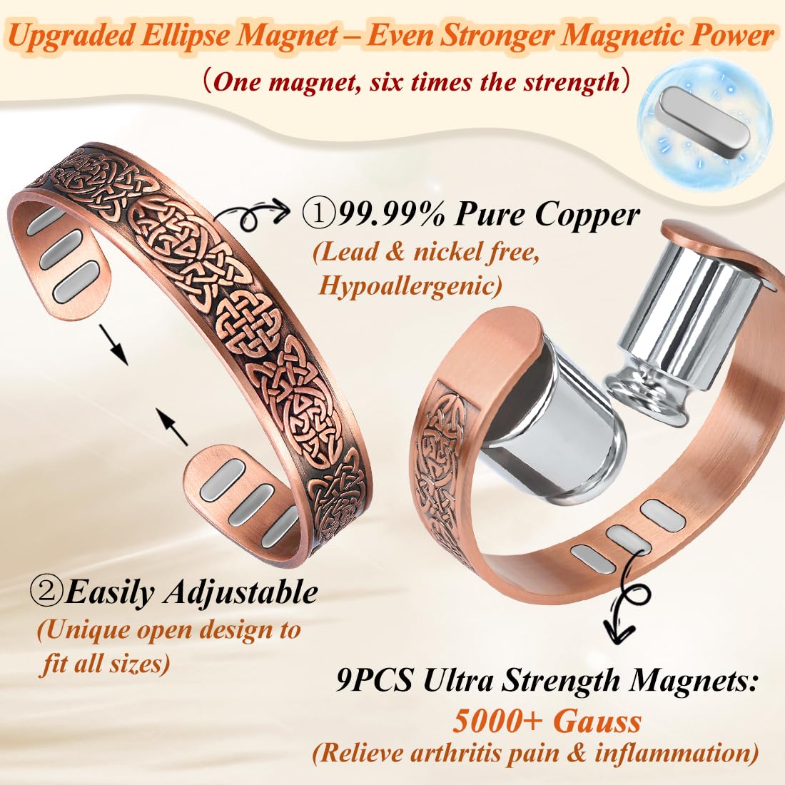 Cigmag Copper Bracelet for Men, with Powerful 9X 5000 Gauss Magnets, Adjustable Solid Pure Copper (Celtic Knot 1)