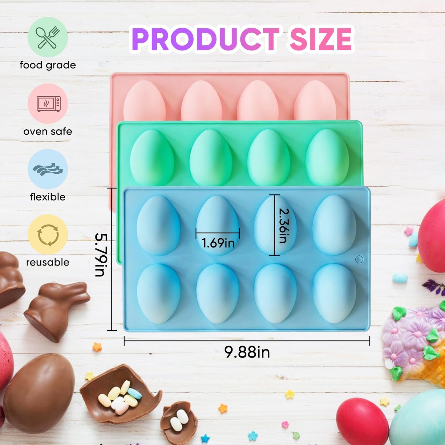 Easter Egg Silicone Molds for Baking,3Pcs 24 Cavity Non-Stick Egg-Shaped Chocolate Mold and Tool Set,Suitable for Candy, Cake Pop,Soap,Ice Cube and Jelly Baking Supplies