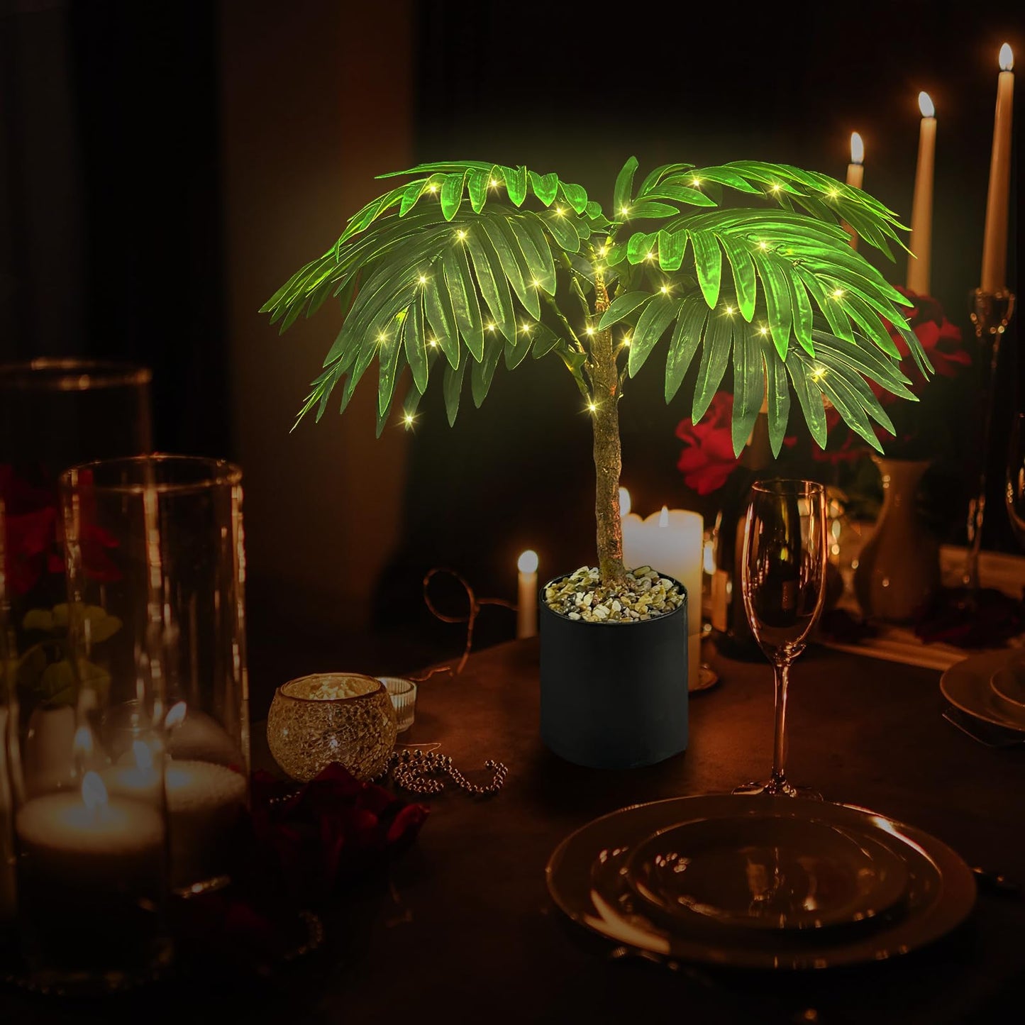 IJG 20'' Lighted Palm Tree Faux Plant with LED Lights - USB & Battery Box Powered - Artificial Palm Tree for Living Room, Home Decor, Indoor Decoration (Palm Leaf)