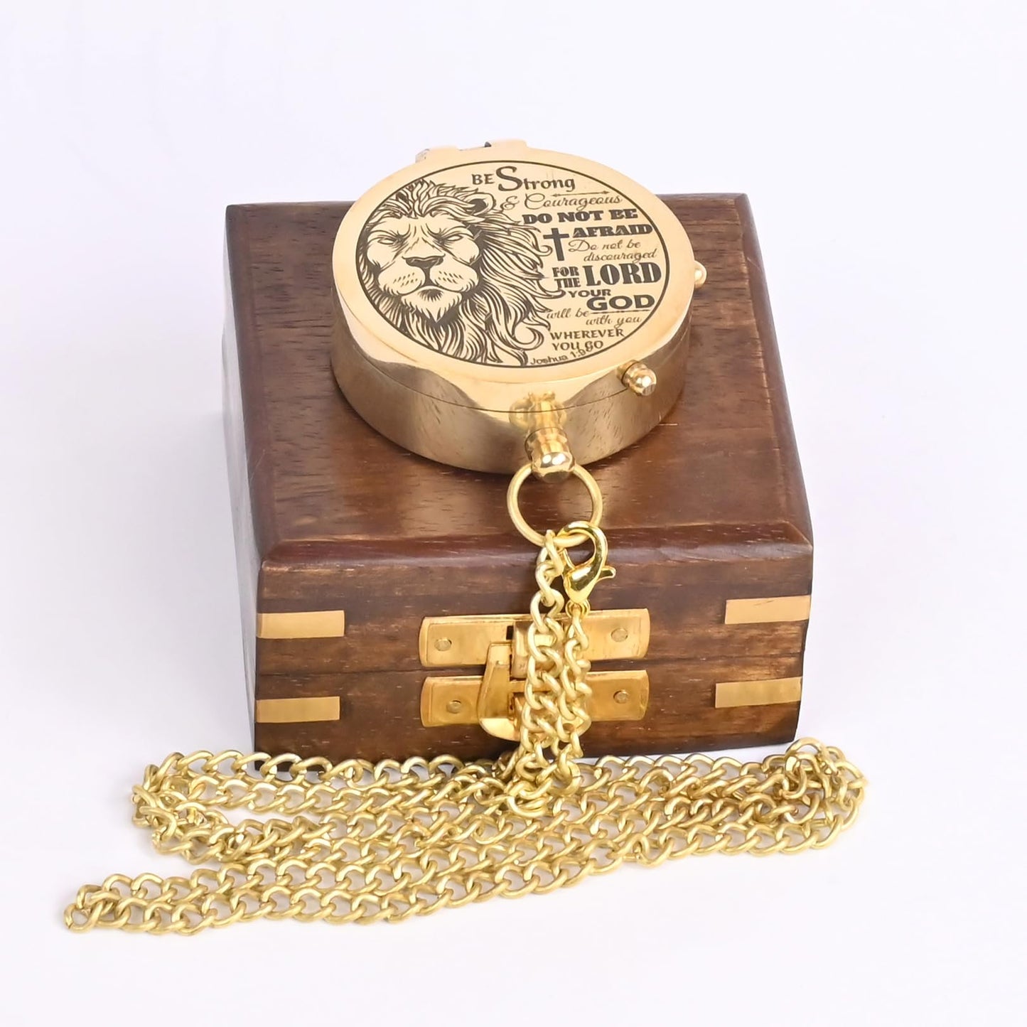 The New Antique Store - Brass Compass Engraved with Religious Scripture Verse (Joshua 1:9) - Perfect for Baptism, Confirmation, Communion - Ideal for Godson, Church, Graduation - Presented in Wood Box