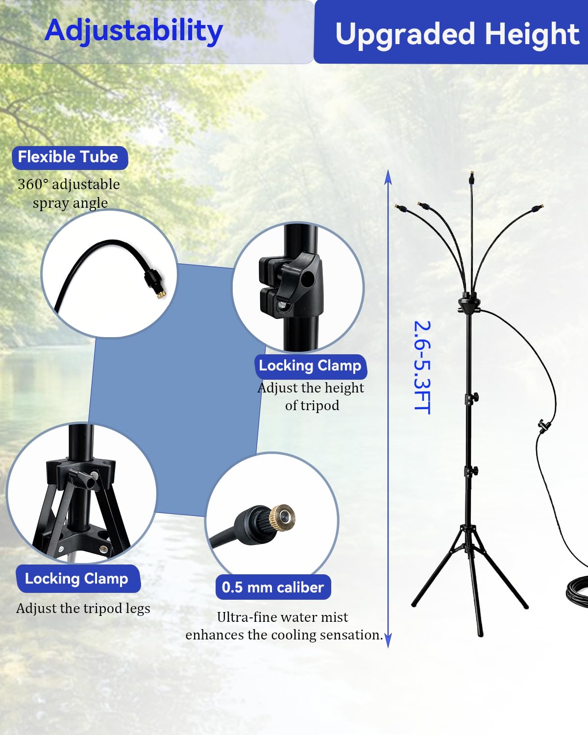 Upgraded 5.3FT Outdoor Misting System, Adjustable Stand with 360° Flexible Hose & 0.5mm Nozzles for Ultra Fine Mist, Patio Cooling Kit for Backyard, Pool, BBQ - Includes 26FT Hose & Tripod