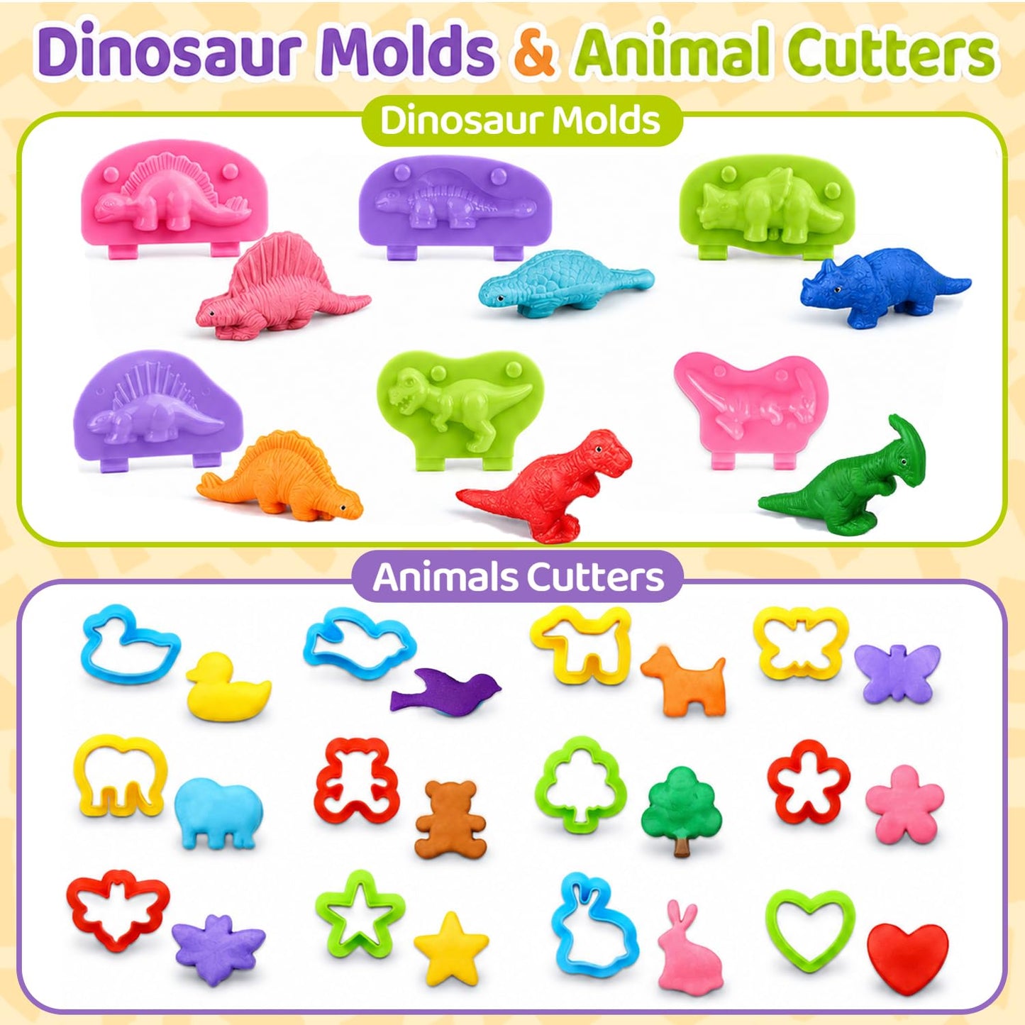 Playdough Tools Sets for Kids, 35Pcs Clay and Dough Tools Accessories Set with Silicone Mat & Storage Box, 3D Dino Molds, Animal Cutters, Dough Extruder, Rolling Pins for Educational Play Activities