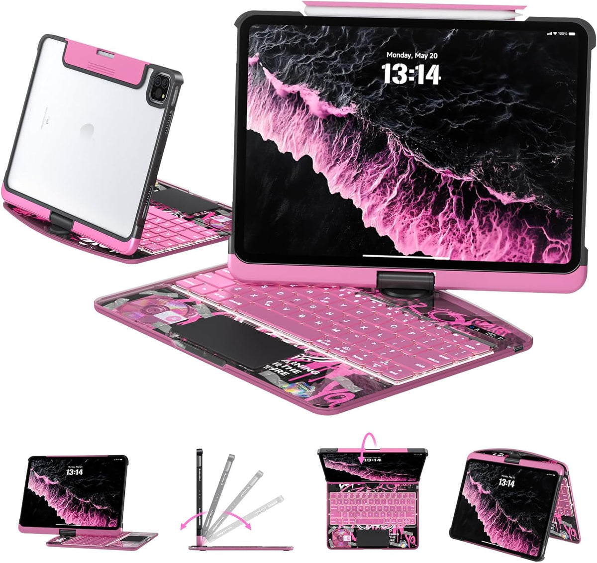 Transparent Case with Keyboard for 2024 iPad Pro 13 inch (M4), iPad Pro 13,7-Color Backlit,Magic Wireless Keyboard, 360°Rotating,Multi-Touch trackpad,Pencil Holder,with Shortcuts,Pink
