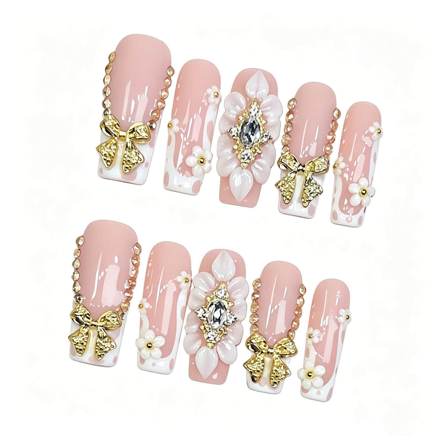 Exylixor Handmade Press on Nails Long Square - Luxury Gold Bow & 3D Blooming Flower Fake Nails, Amber Jewelry Bead Chain False Nails, 10 Pack for Women (Size M)