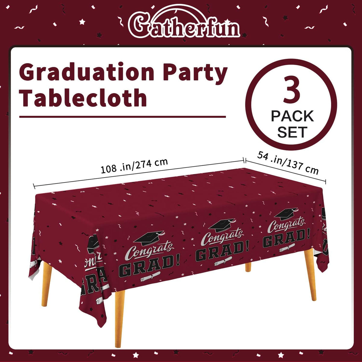 Gatherfun Graduation Tablecloths Graduation Party Table Decorations Waterproof Plastic Rectangular Disposable Table Cover for Congrats Grad Party Supplies 3PCS 54x108 Inch, Maroon