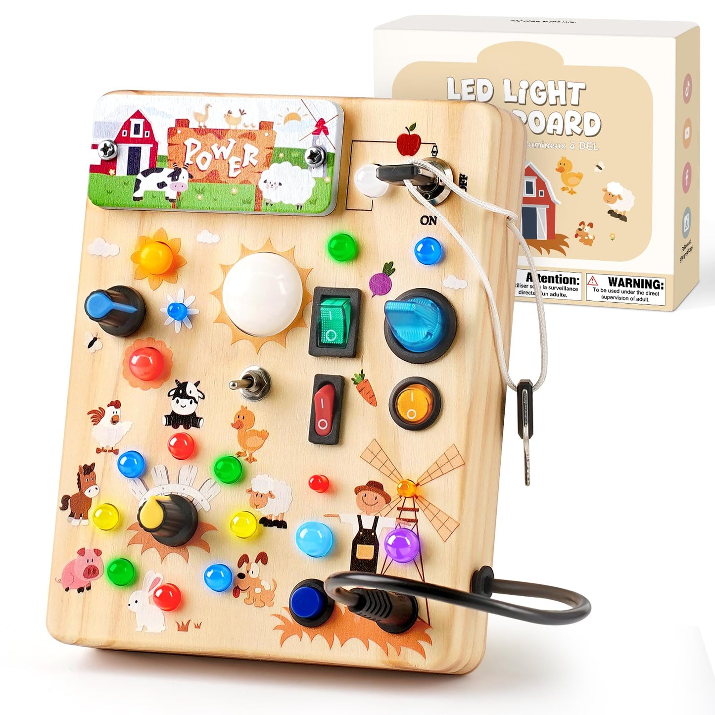 LED Busy Board for Toddlers 1-3,Montessori Toy with Key Switch, Light Up Wood Activity Sensory Board for Fine Motor Skills, Educational Travel Toy Gift for 1 2 3 Year Old Boys Girl