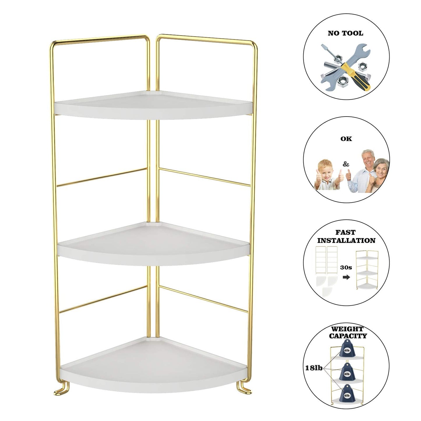 3-Tier Kitchen Spice Rack , Standing Rack,Triangle Bathroom Countertop Storage Shelf ,Cosmetic Organizer Holder , Stackable Cabinet Organizer , Kitchen Counter Shelf , Corner Spice Rack ,Golden