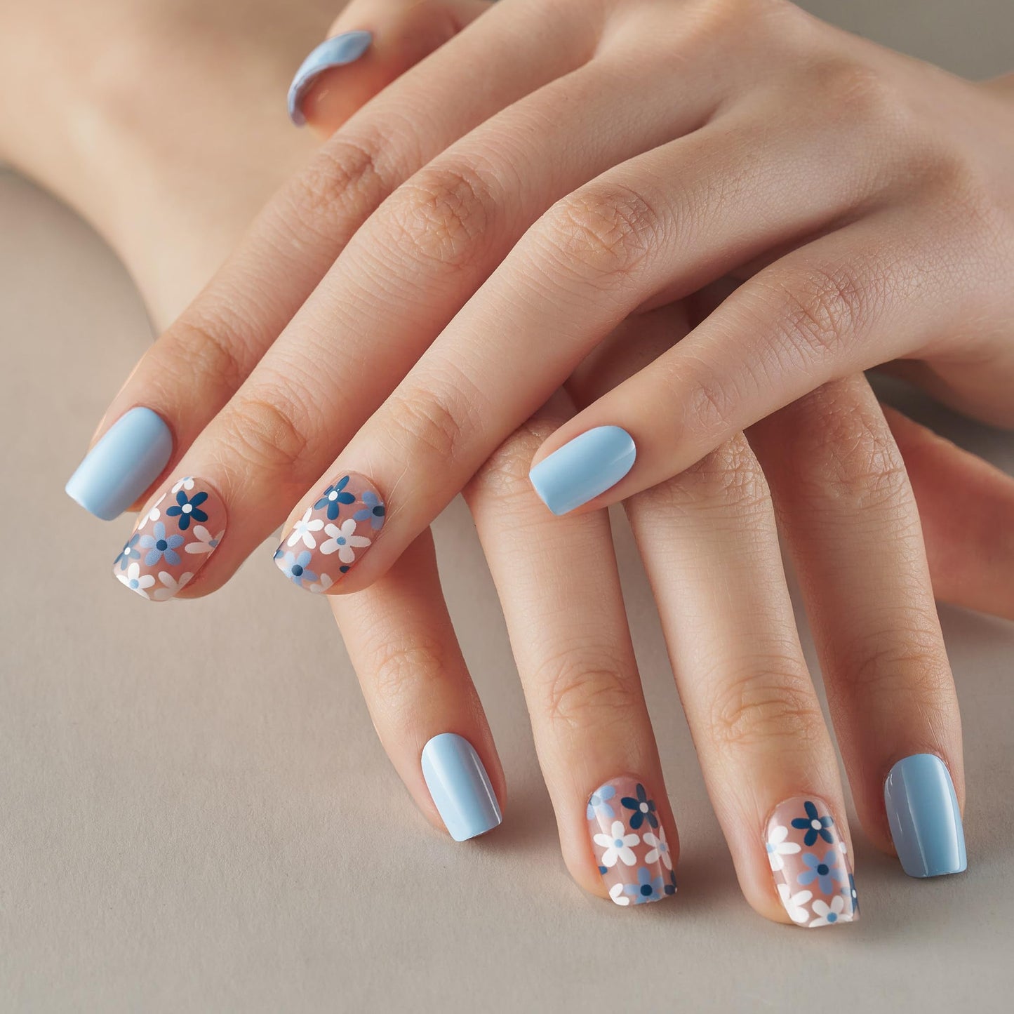Curvlife Press On Nails Acrylic False Nails Kit with Glue, File & Adhesive Tabs - Azure Blue Flower, 30pcs