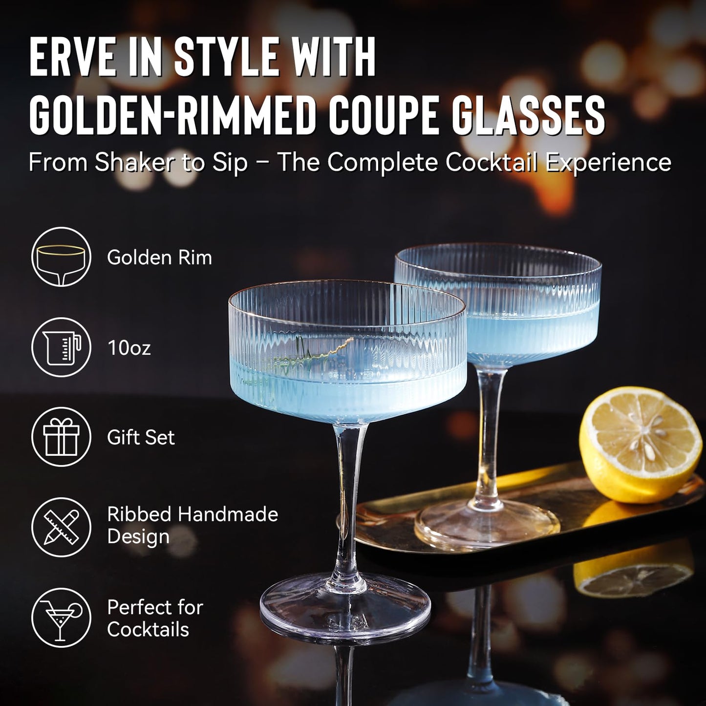 Cocktail Shaker Set with Coupe Glasses – 5-Piece Gift Set Includes Pineapple Glass Shaker with Gold Lid, Jigger, Bar Spoon & 2 Ribbed Gold-Rimmed Glasses – Bartender Kit for Home Bar