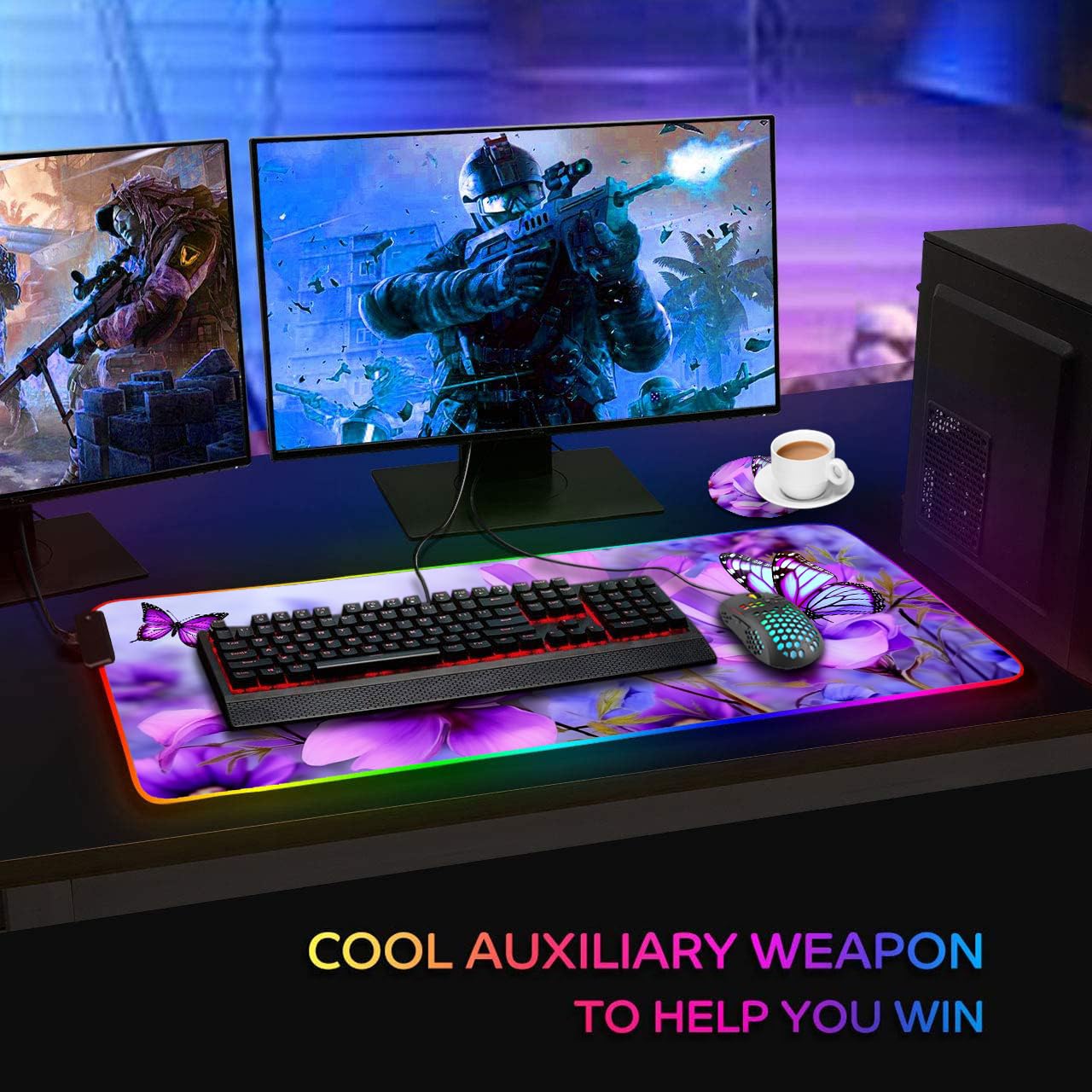 Bosness RGB Gaming Mouse Pad and Coffee Coaster, XXL Large Glowing LED Mousepad, Anti-Slip Rubber Base, Computer Keyboard Desk Mouse Mat 31.5 X 11.8 Inch - Purple Flowers and Butterfly