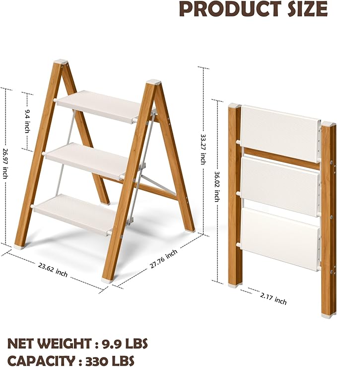 Taranta 3 Step Ladder,Aluminum Lightweight Folding 3 Step Stool with Anti-Slip Super Wide Pedal,330lbs Capacity Step Ladder for Household,Kitchen,Office - White Woodgrain