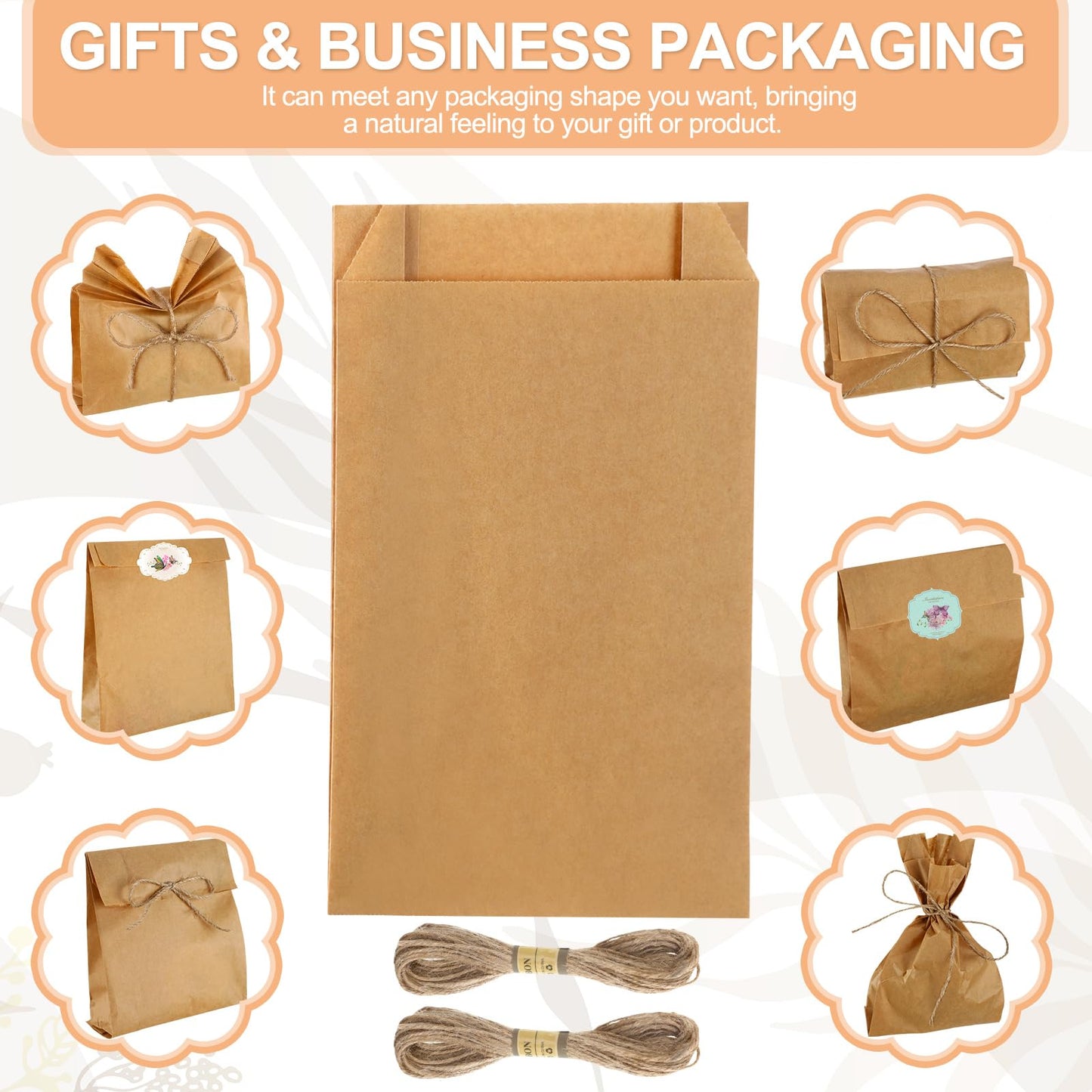 Fulmoon 100 Pieces Soap Paper Bags, 5'' x 8'' Kraft Paper Bags for Packaging Soap Making Wrappers with 394 In Jute Ropes for Candy Lipstick Gift Crafts Merchandise Wedding Gift Wrapping (Solid Color)