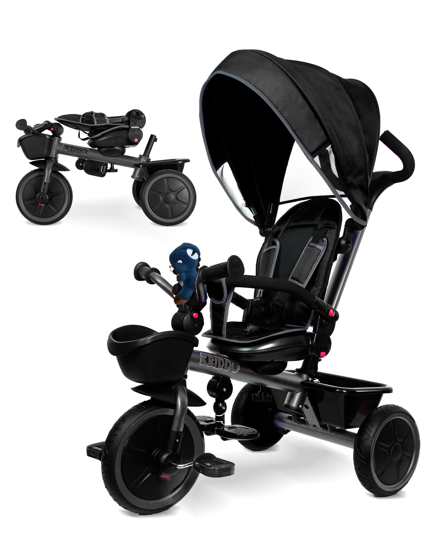 KRIDDO 7-in-1 Tricycle Stroller for Toddlers 18 Months to 5 Years, Adjustable Push Handle, Rotatable Seat, Cup Holder and Retractable Canopy, Folding Baby Trike w/Detachable Guardrail, Footrest, GY