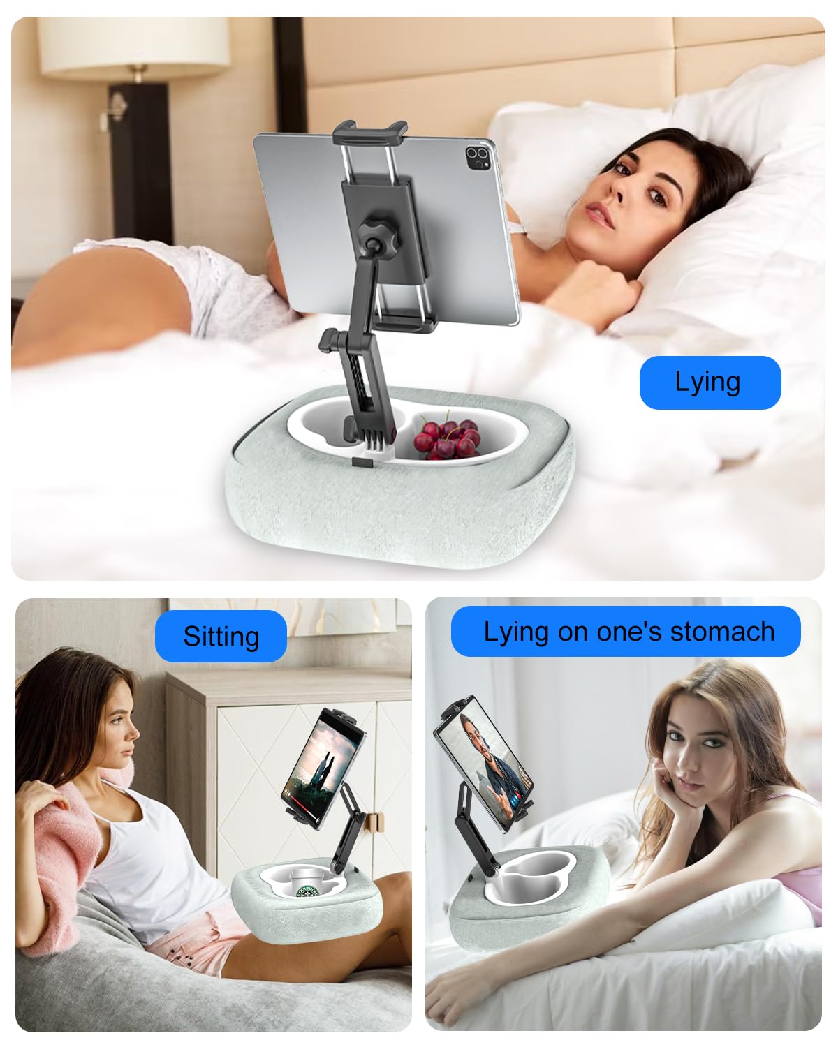 Kolasels Tablet Pillow Stand [Organic Cotton & Food Grade Tray] Adjustable Kindle Pillow Stand Holder for Lap/Bed/Couch/Desk, Fits 4.7-15.6" iPad, Kindle, Galaxy Tab, Phone, Detachable Bowl