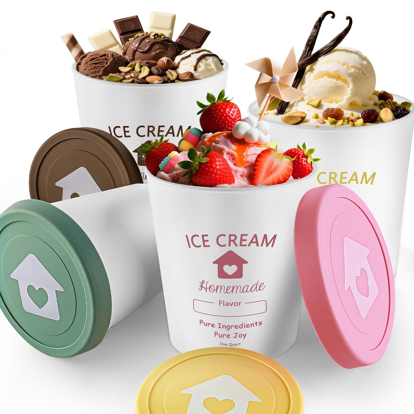 cyrico Ice Cream Containers with Silicone Lids for Homemade Ice Cream, 4 Pack 1 Quart Each Reusable Sorbet Frozen Yogurt Storage Containers Set BPA Free Stackable Leakproof Dishwasher Freezer Safe