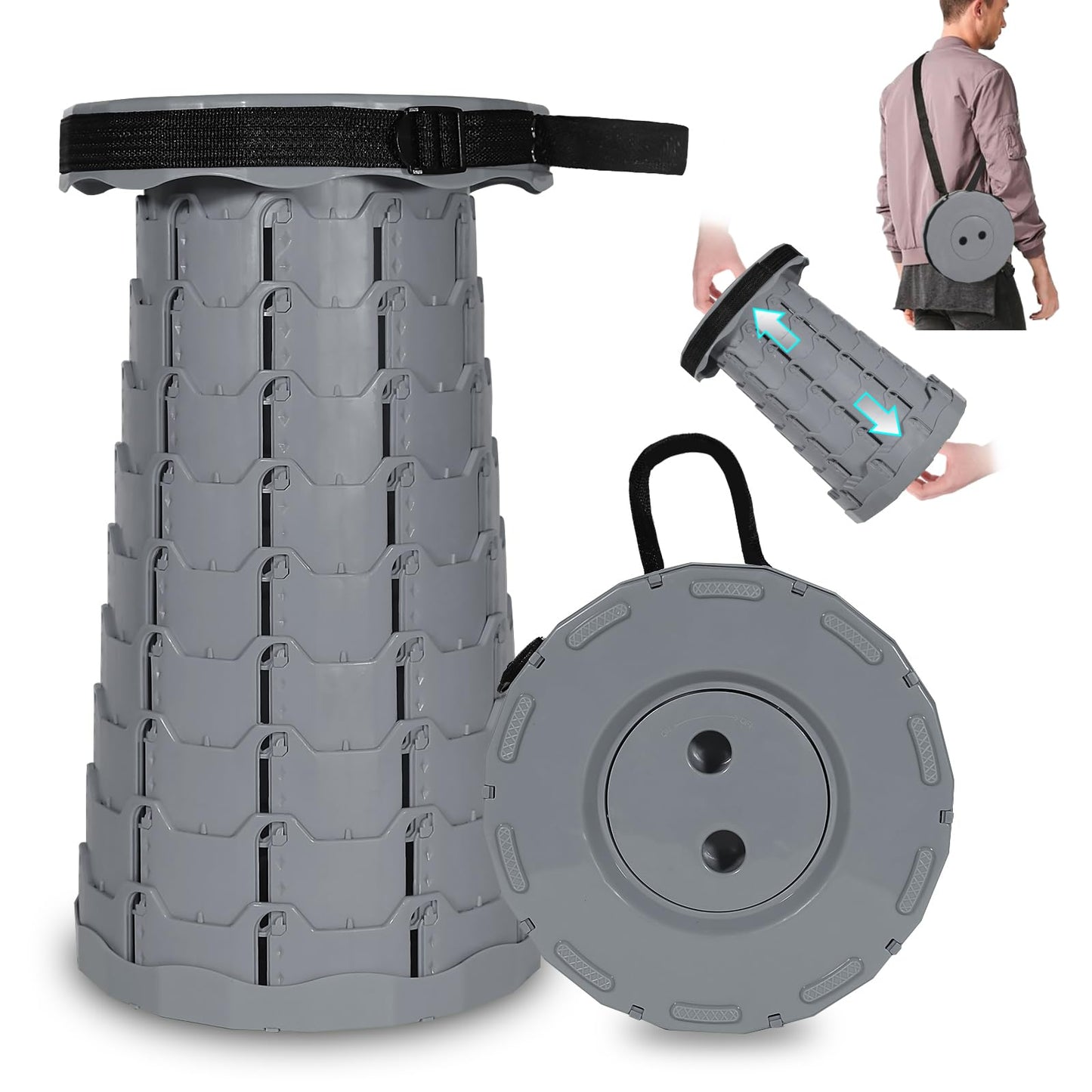 RizzQi Upgraded Collapsible Stool 450LBS - Adjustable Height (2.5"-18") Portable Telescoping Seat for Camping Hiking Indoor Office (Light Gray)