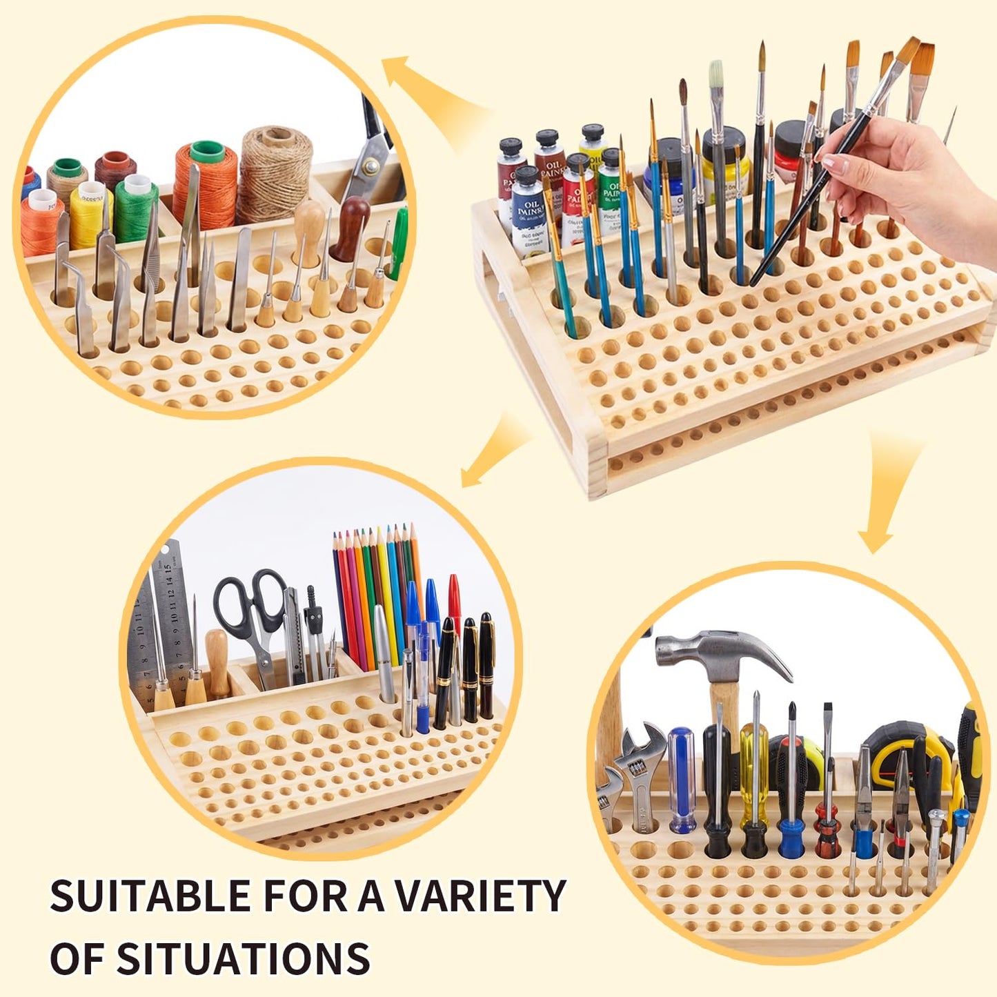 Leather Craft Tool Holder, 98 Holes Wooden Leatherworking Tool Rack Stand Organizer with 3 Slots, Tool Storage Rack Suitable for Storing Craft Supplies, Paintbrushes and Felt-tip Pens