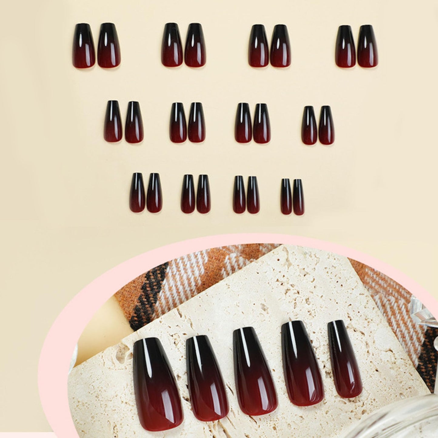 IMSOHOT Press on Nails Long Coffin Fake Nails Red Black Gradient Glossy Glue on Nails Full Cover Ballerina Acrylic Gel Stick on False Nails for Women Girls 24Pcs
