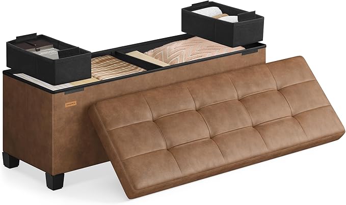 SONGMICS Storage Ottoman, Storage Bench with Legs,15 x 43 x 15.7 Inches, Ottoman Bench, 30 Gal. (112 L), Synthetic Leather, for Living Room, Entryway, Coffee Brown ULSF0514K03