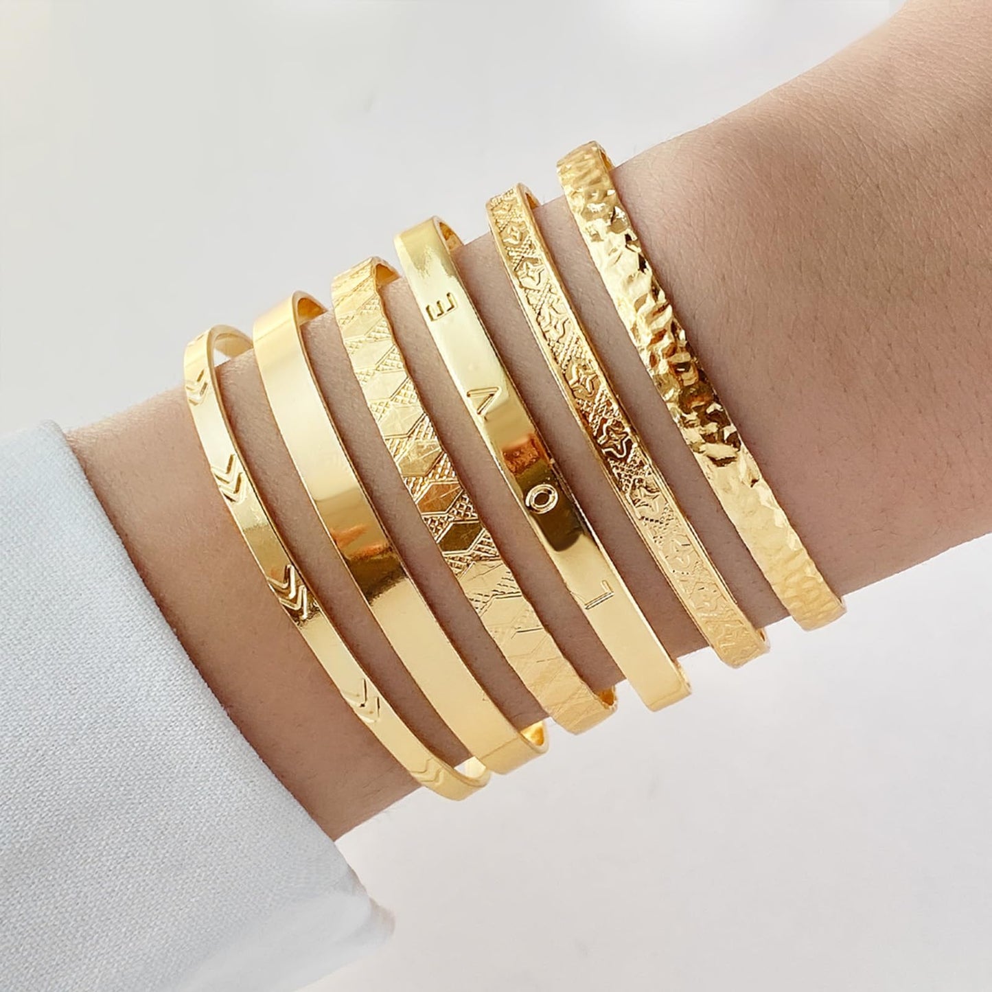 IFKM Gold Bangle Bracelets For Women, 14k Gold Plated Multi Layer Stackable Cuff Bracelet Set, Trendy Elegance Charms Non Tarnish Minimalist Textured Boho Jewelry Gift (6pcs Love)