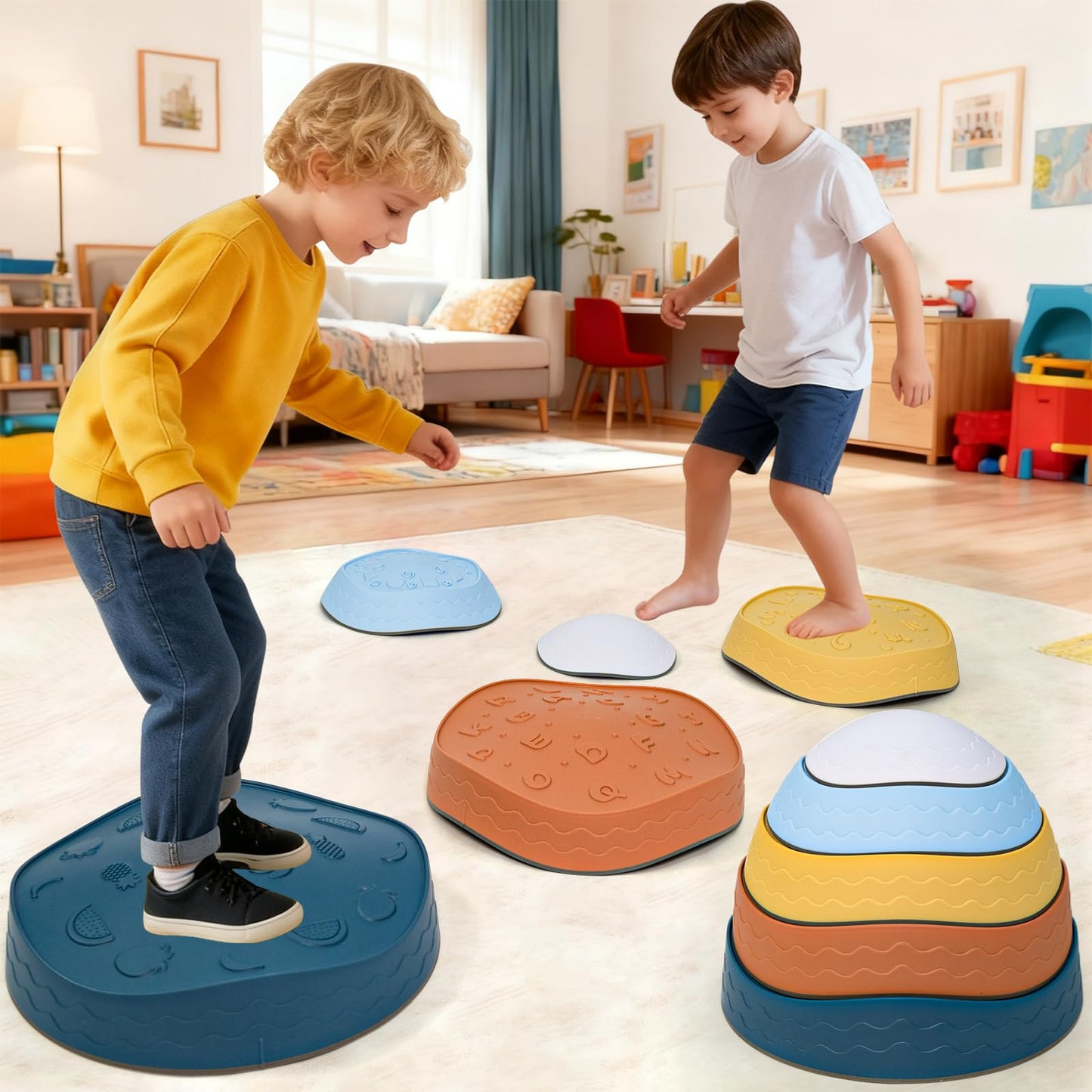 Gentle Monster Stepping Stones for Kids, Set of 6/8/11 PCS for Balance with Non-Slip Bottom - Exercise Coordination and Stability (Egg-Morandi)