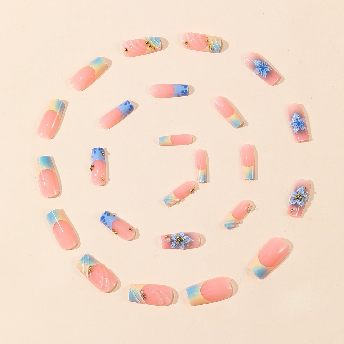 Medium Press on Nails Square Fake Nails Blue Artificial Nail Floral French Tips 3D Flower Gold Bead Rhinestone Glossy Ocean Fresh Stick on Nail for Women 24pcs