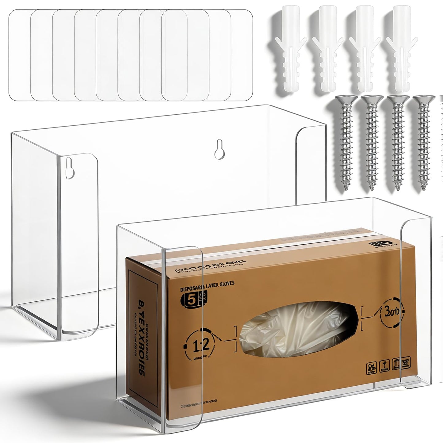 2 Pack Clear Acrylic Glove Box Holder Dispenser Wall Mount, Glove Box Organizer for Disposable Gloves Boxes, Includes Hardware, for Kitchen, Lab, Garages, Office