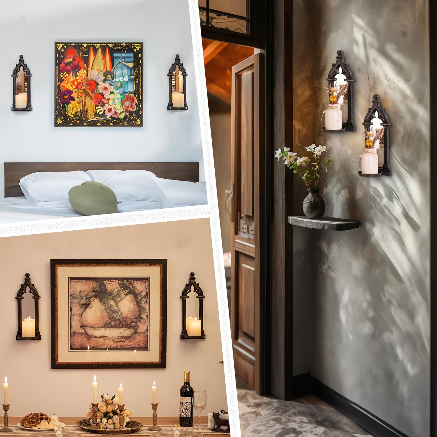 Walasis Candle Sconces Farmhouse Wall Decor - Black Gothic Dark Mirror Wall Candle Holder for Halloween Art Decorations - Wood Rustic Candles Sconce Set of 2 for Livingroom Fireplace