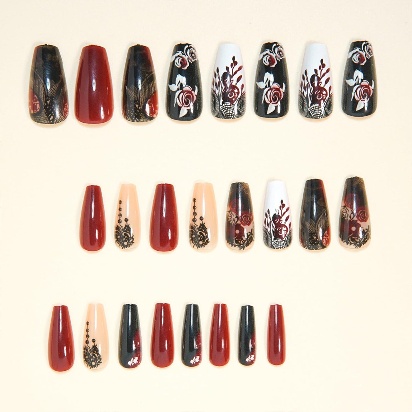 Vopintpy Red Rose Press on Nails Long Coffin Fake Nails with Design Glossy Acrylic Glue on Nail Reusable Full Cover Artificial Stick on Nail for Women DIY Manicure