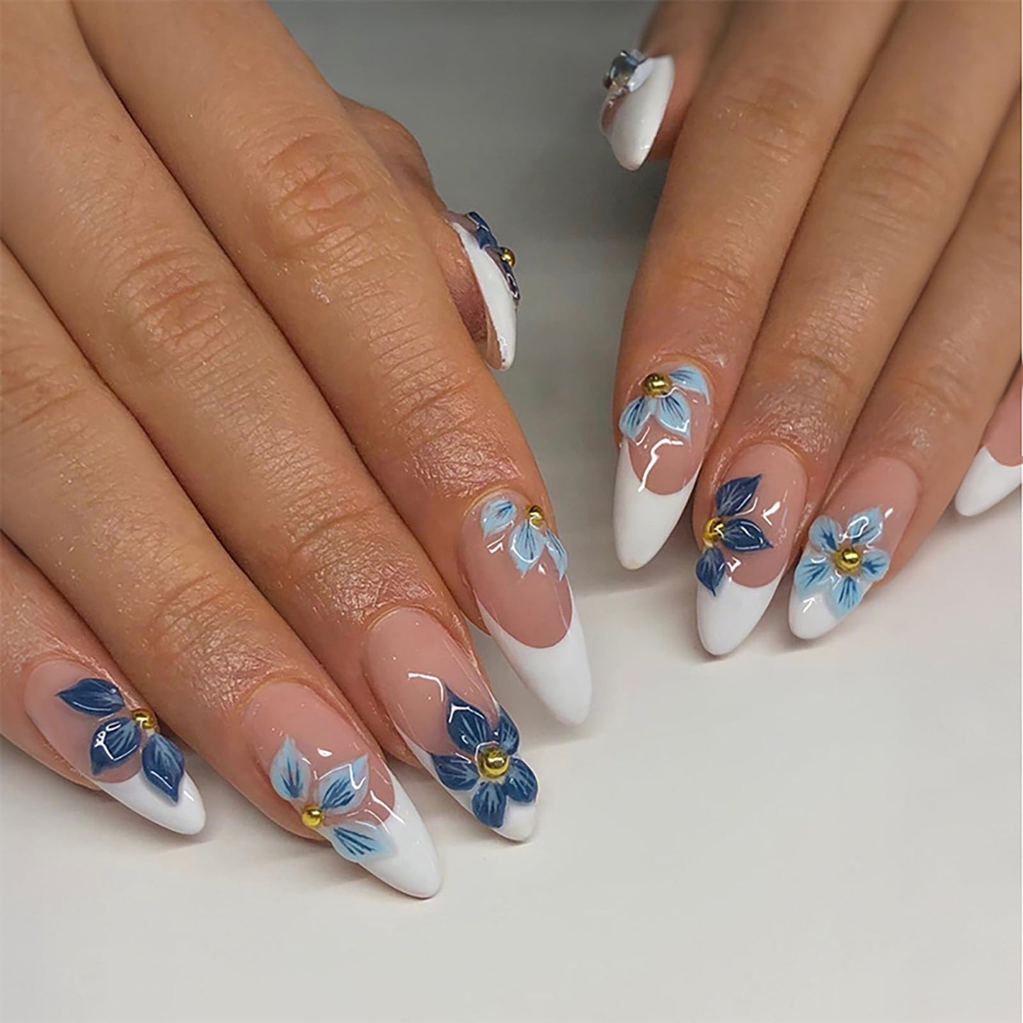 HOSAILY 3D Flower Press on Nails Medium Almond, Natural Nude Blue White French Tip Daily Press ons for Women, 24pcs Glossy Pretty Reusable Semi-Homemade Soft Gel Full Cover Stick on Fake Acrylic Nail