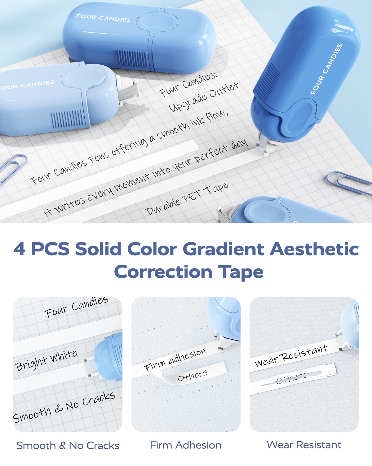 Four Candies Blue School Supplies, Gel Pens with Black Ink, Correction Tapes,Pastel Highlighters, Mechanical Pencils, Sticky Notes, Index Post for Bible Study Stationary College Essentials
