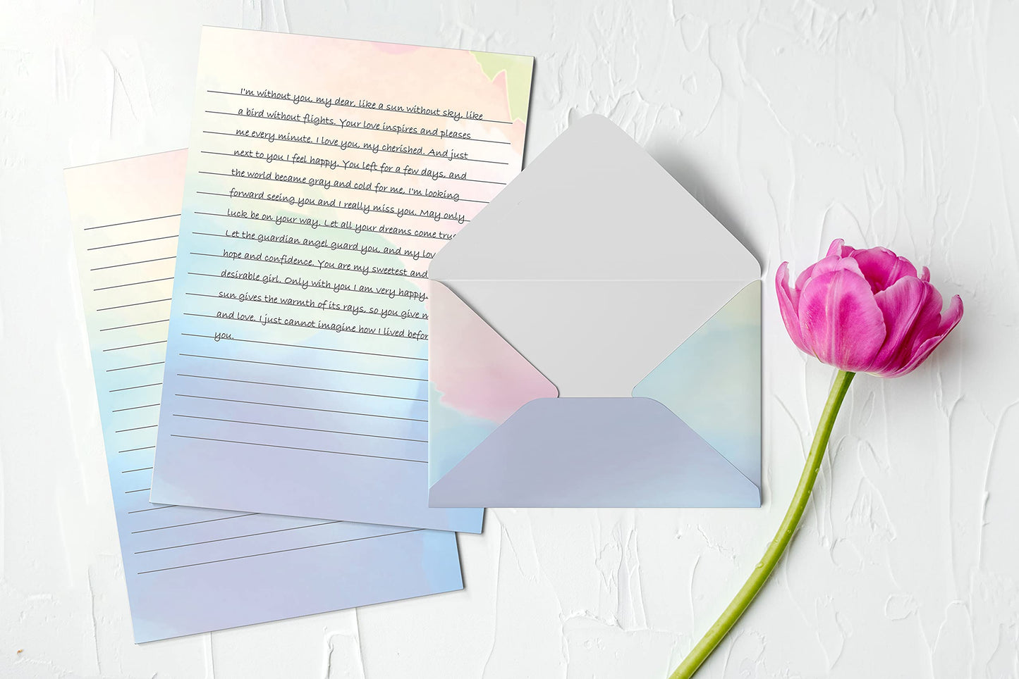 Better Office Products Mini Stationery Set, 100 Piece Set (50 Lined Watercolor Sheets + 50 Matching Envelopes), 5.5 x 8.25 inch, 12 Unique Designs, Double Sided Printing, One Side Lined Paper,