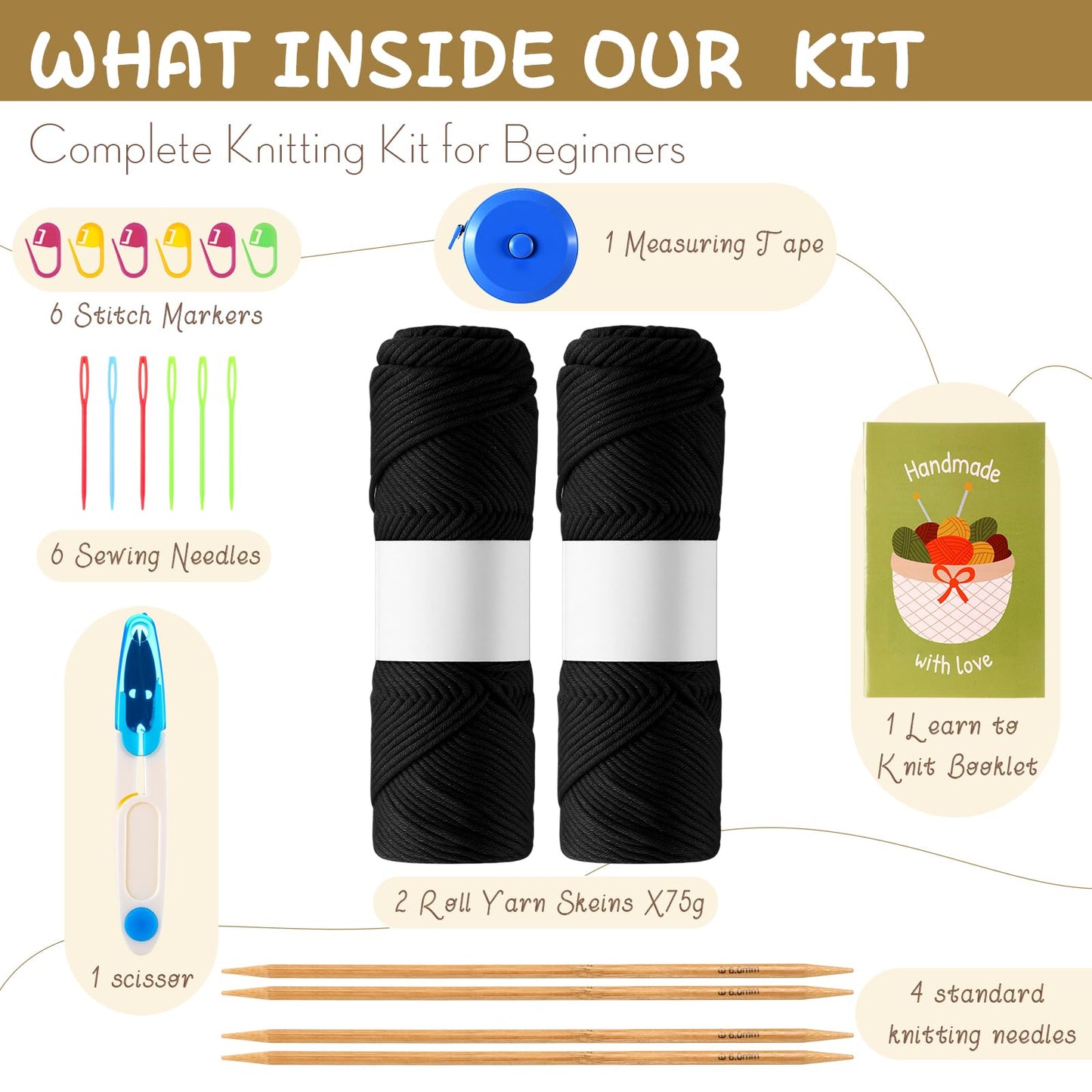 Maasechs Knitting Kits for Beginners Adults Complete Hat Knit Set with Yarn Bamboo Needles Starter Crochet Kit with Full Knitting Crochet Accessories for Women and Men(Black)