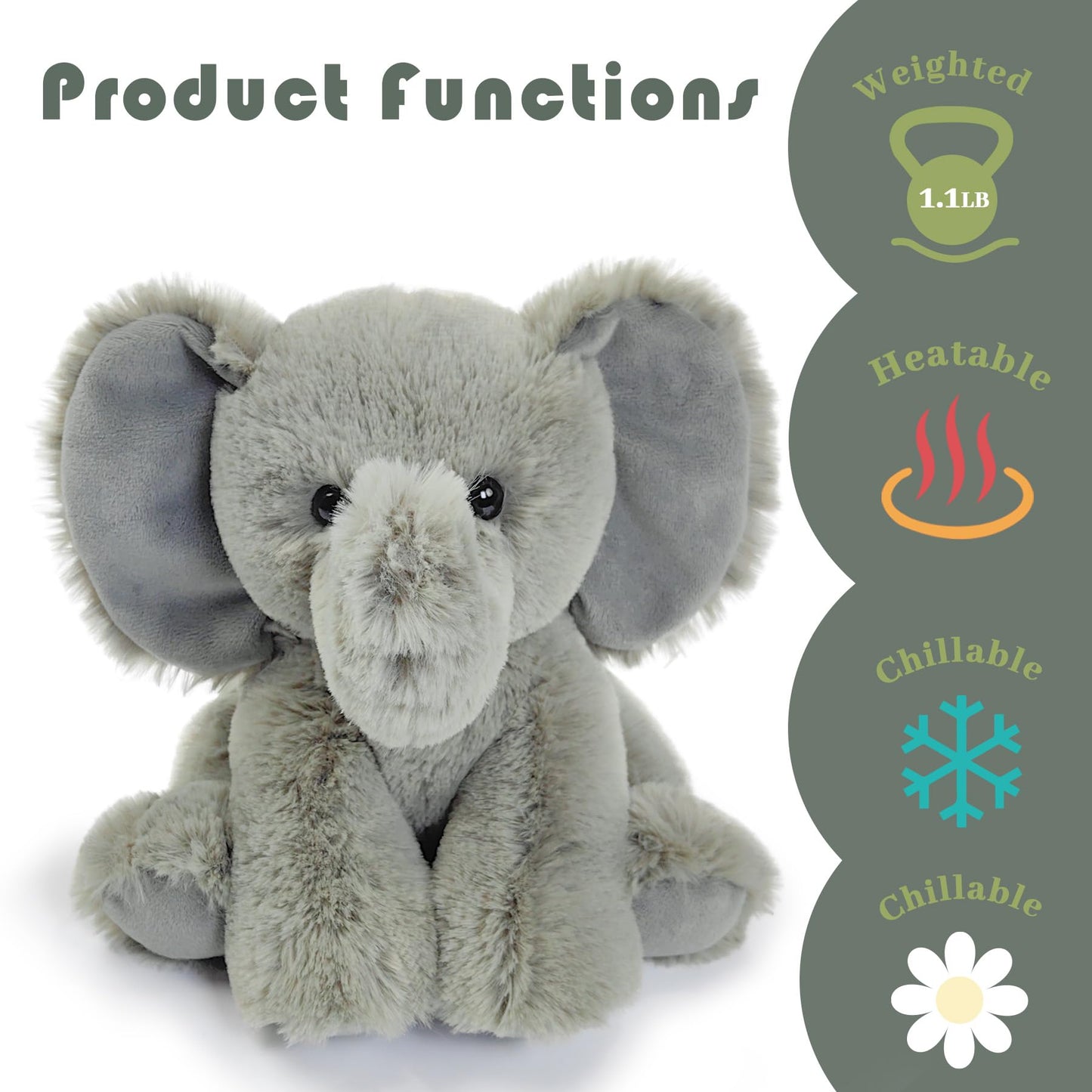 Pluhsould Microwavable & Weighted Stuffed Animals,Elephant Stuffed Animal 8.5 Inch, 1.1 Lbs,Cute Soft Plush Toys for Boys, Girls, Babies & Toddlers（Lightly Scented with Chamomile
