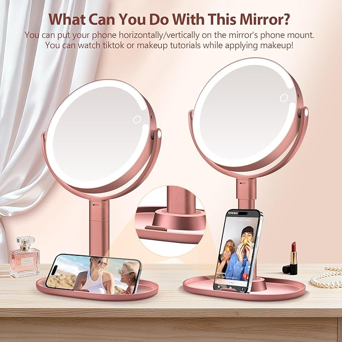 MIYADIVA Makeup Mirror with Lights, 30X Magnifying Mirror with Light and Touch Switch, Vanity Mirror with 3 Color Light and 80 LEDs, Height Adjustable Desk Mirror with Lights, Rose