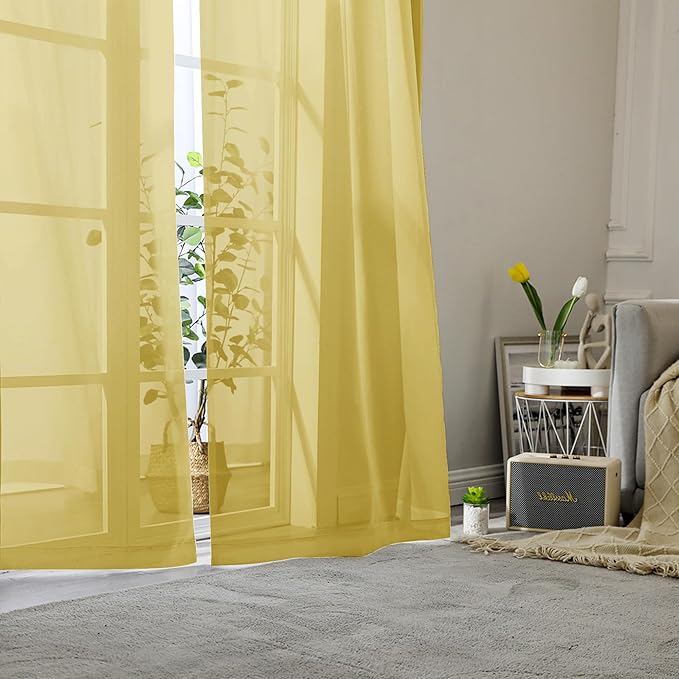 Lecloud Yellow Sheer Curtains 96 Inches Long 2 Panels, Gauzy Light Filtering Breathable Curtain, Solid Voile Home Decor Drapes with Dual Rod Pocket for Living Room Bedroom, Each 42" W x 96" L