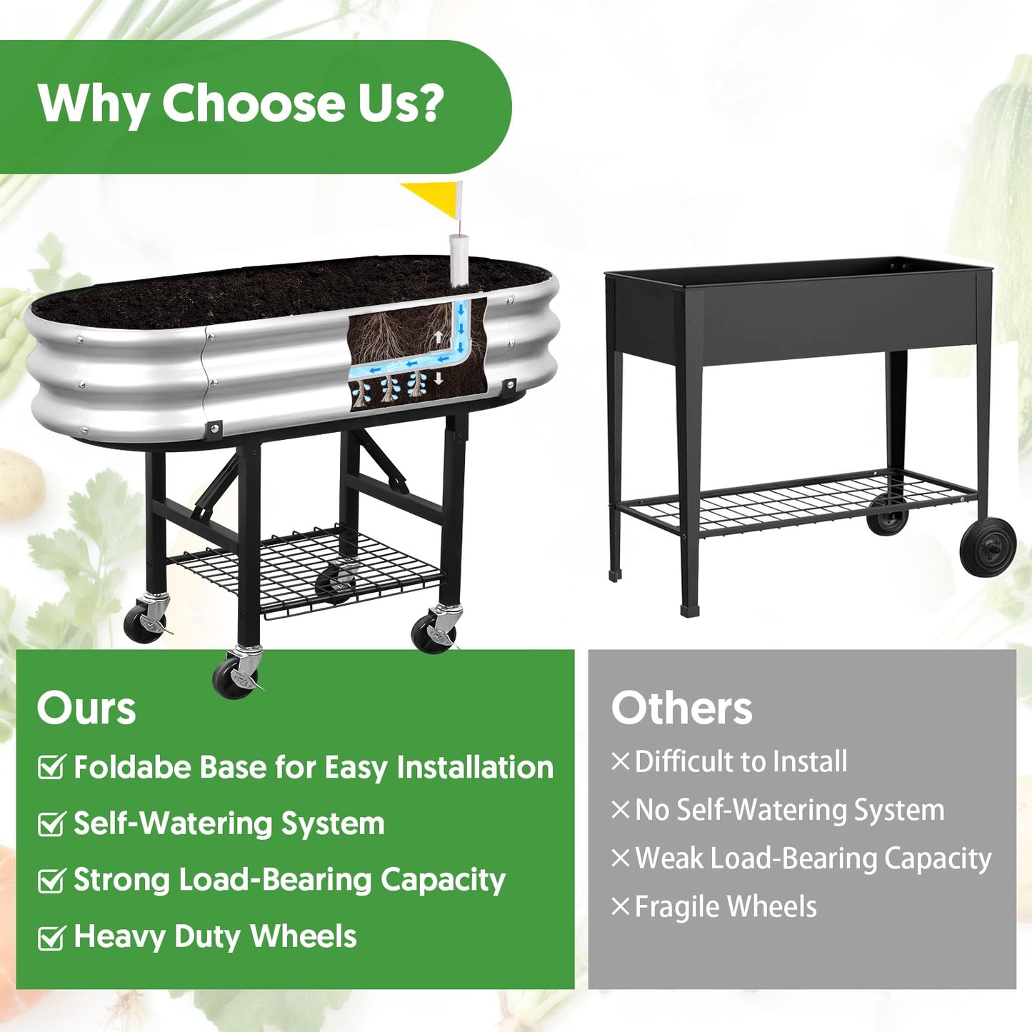 Self-Watering Raised Garden Bed with Legs and Heavy Duty Wheels, Easy-Install Planter Box with Foldable Stand, Galvanized Metal Elevated Wicking Bed with Liner for Indoor Outdoor Gardening
