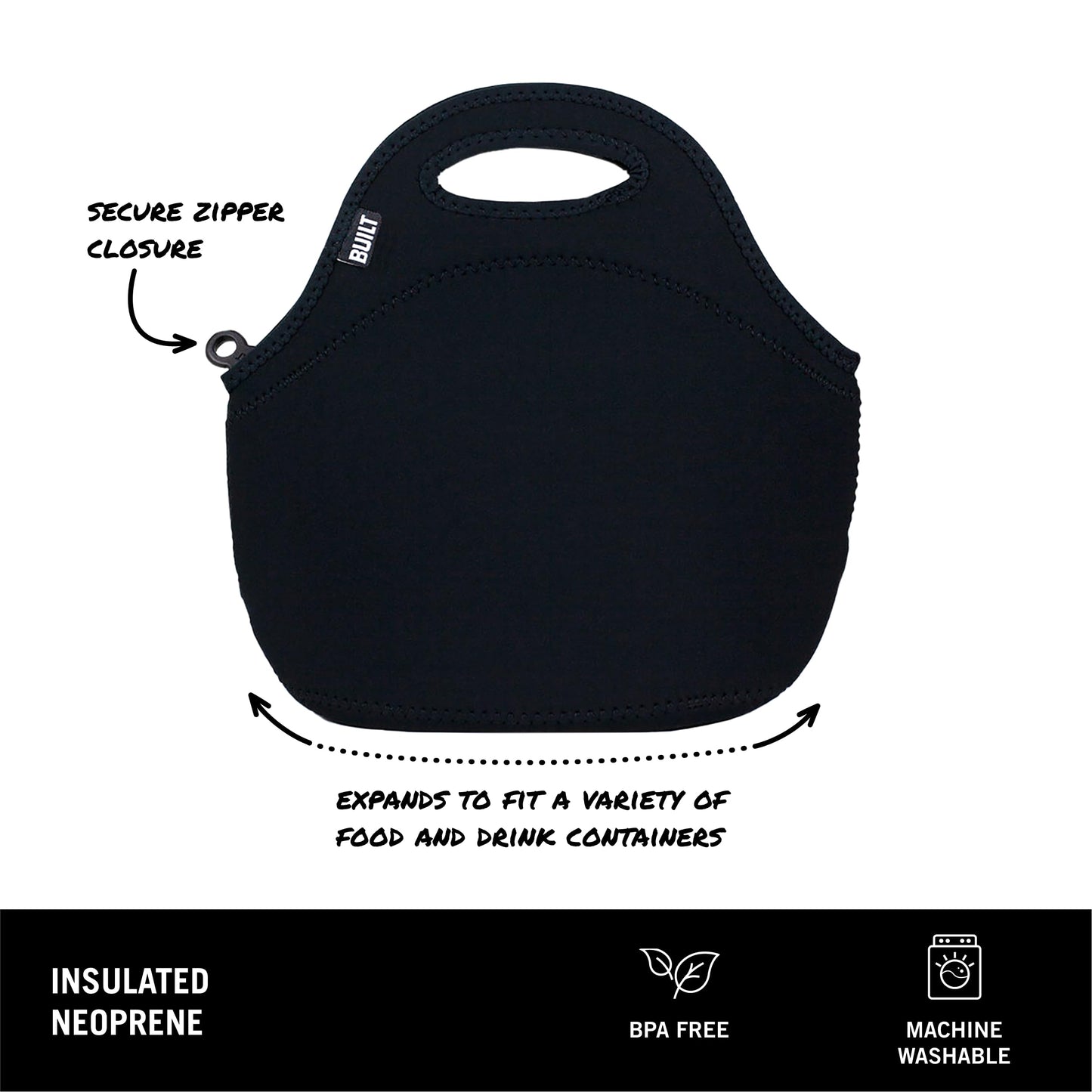 BUILT Gourmet Getaway Soft Neoprene Lunch Tote Bag Lightweight, Insulated and Reusable, One Size, Black