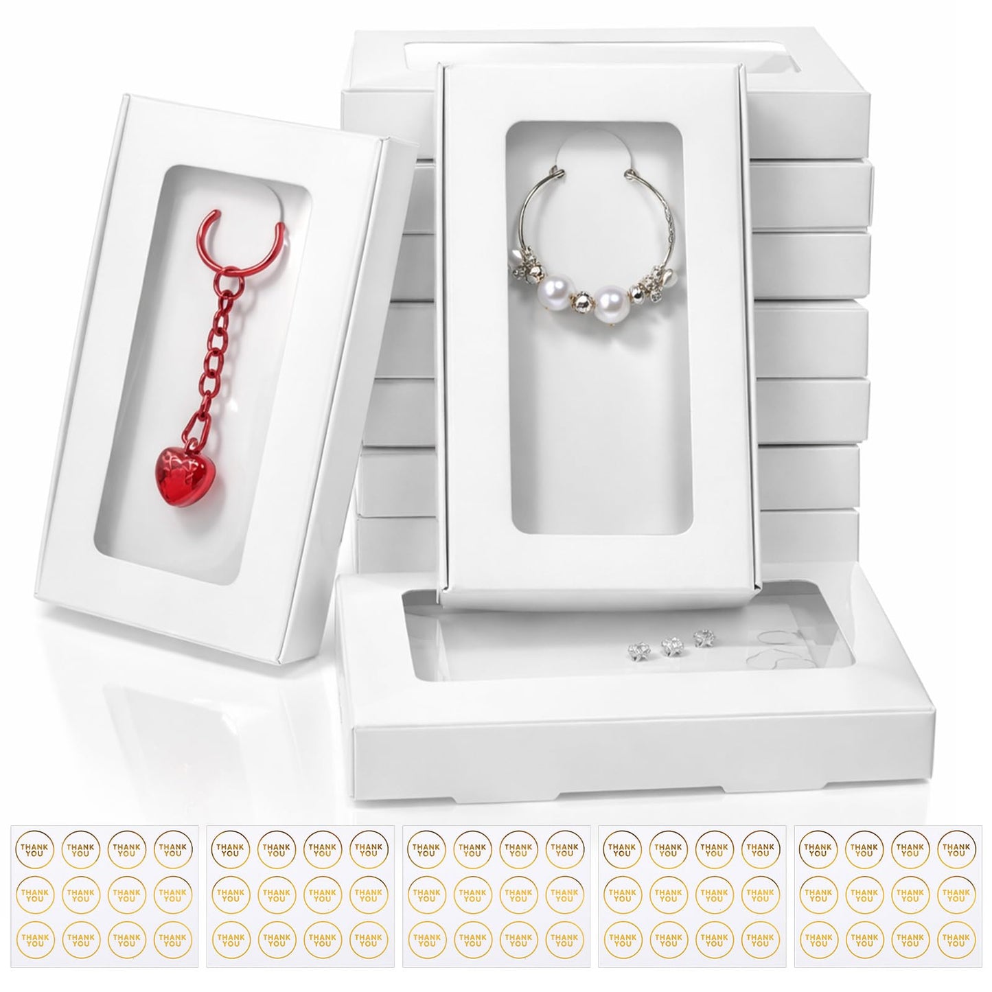 HANLANXUE 100 Pack Mini Jewelry Packaging Boxes with Clear Windows, 5.4"x3.4"x0.7" Paper Necklace Gift Box with Sticker Small Gift Boxes Bulk for Displaying Necklaces Rings Bracelets Earrings (White)