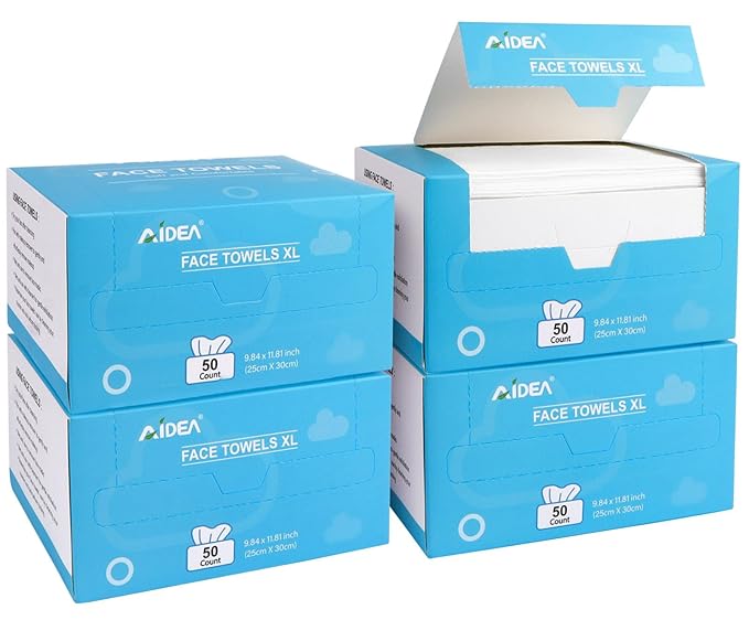 AIDEA XL Face Towels Disposable-200Ct (4 Box), Clean Facial Cloths, Facial Cleansing Wipes for Sensitive Skin, Face Towelettes for Makeup Removing, Nursing, Travel, Dry Wipes 9.84"×11.81"