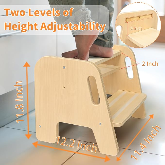 WOOD CITY Toddler Step Stool, Wooden 2 Step Stools for Bathroom Sink Potty Training Kitchen Dual Height Stool Helper for Kids Bonus Non-Slip Pads and Handles for Safety (2 Pack Natural)
