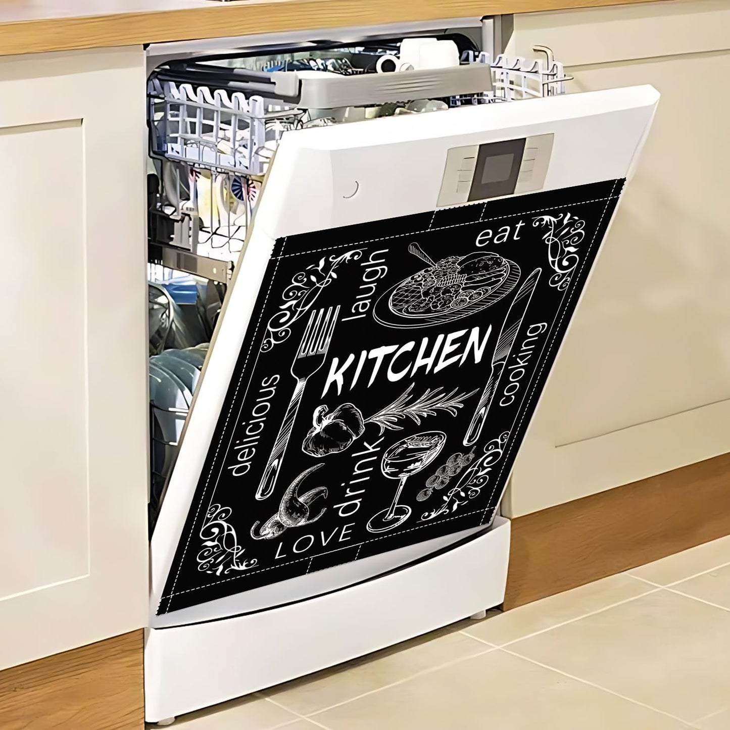 Black Dishwasher Magnet Cover, 23x26 in Summer Decor Dishwasher Magnet Covers Kitchen Decoration Dish Washer Magnets Sticker Funny Fridge Magnets Panel Decal Magnetic Covers